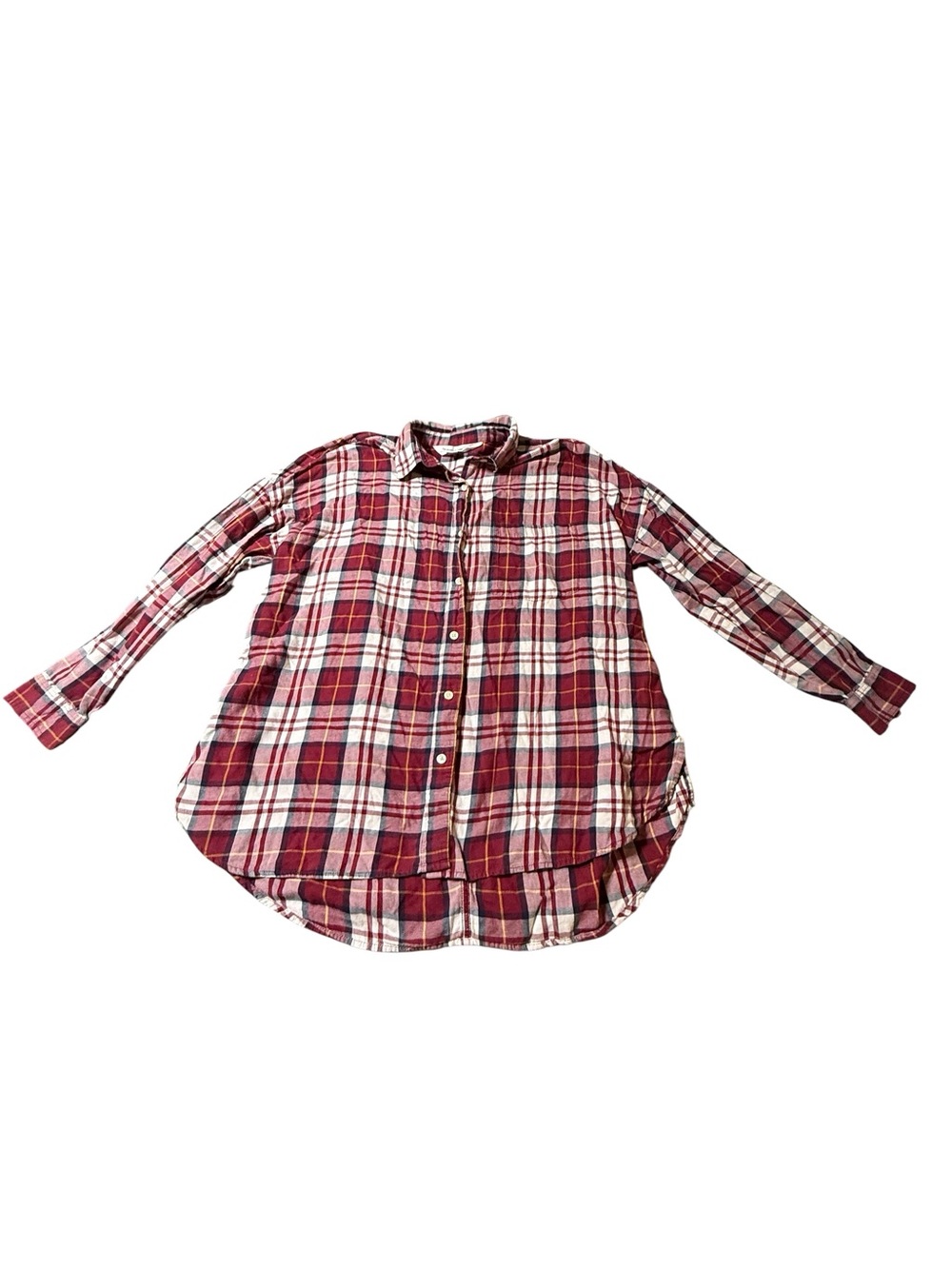 Old Navy Boyfriend Flannel Shirt XL Red White Plaid Tunic Button Up Oversized